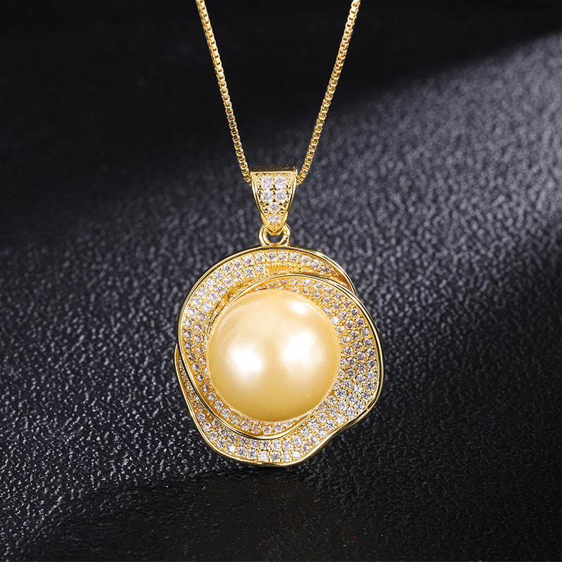 18k Golden Shell Pearl Rose Geometric Diamond Ring Pendant Earrings Women's Set