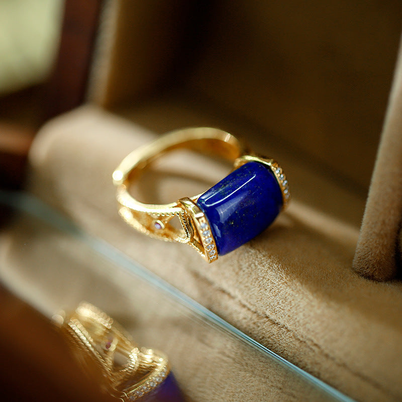 Bague de réglage d'ouverture en Lapis-lazuli naturel incrusté d'or plaqué argent S925