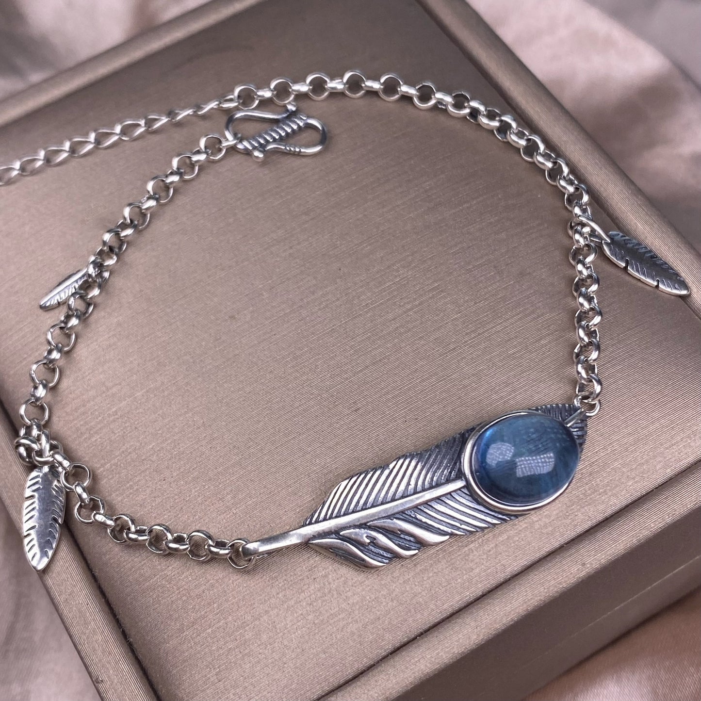 Aquamarine bracelet s925 silver inlaid retro old feather jewelry