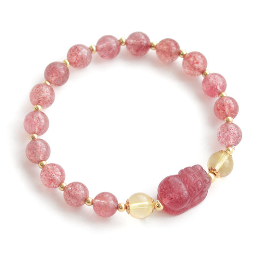 Pixiu en cristal de fraise naturel avec bracelet en cristal rose citrine