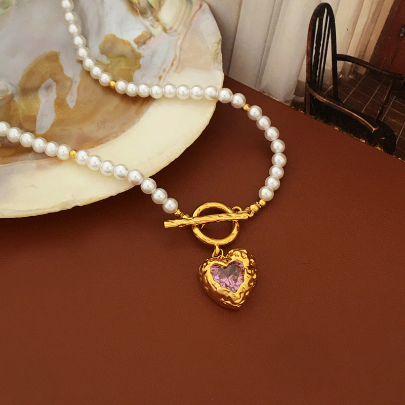 [DF]Copper Plated True Gold Temperament Light Luxury Pink Zircon Love Necklace Fashion Baroque Style Pearl Collar Chain Female