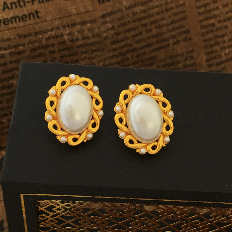 [DF]Original S925 silver needle retro hollow pearl earrings temperament oval earrings elegant palace wind earrings