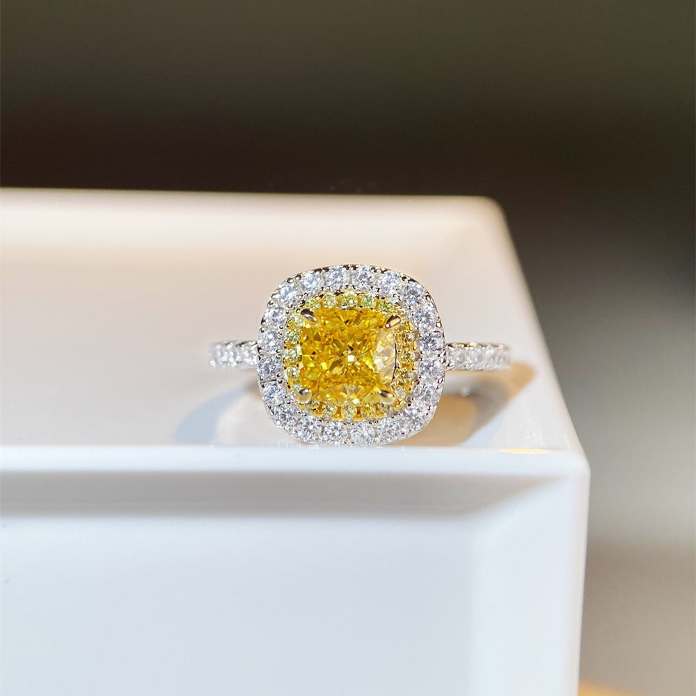 Bague en argent sterling S925 pour femme, diamant jaune, carré de luxe plein de diamants en zircon