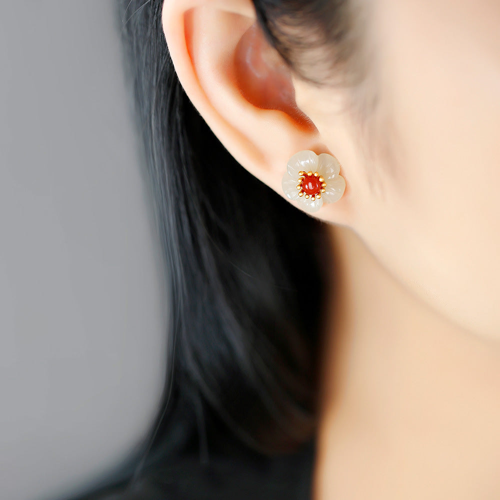 S925 silver inlaid Hetian jade plum blossom with southern red agate beads temperament elegant studs