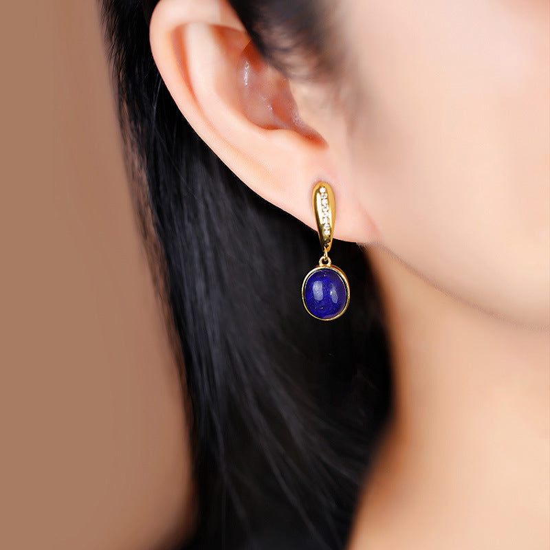 S925 silver plated gold inlaid lapis lazuli egg faced earrings