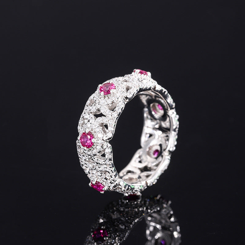 Bague de luxe en argent S925, réplique entièrement en rubis et diamants, avec anneau en rangée