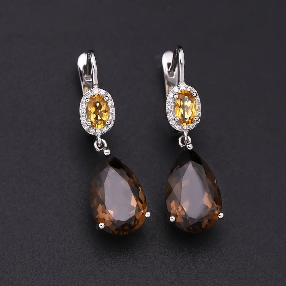 Natural gemstone pear shaped earrings s925 silver inlaid with natural tea crystal earrings