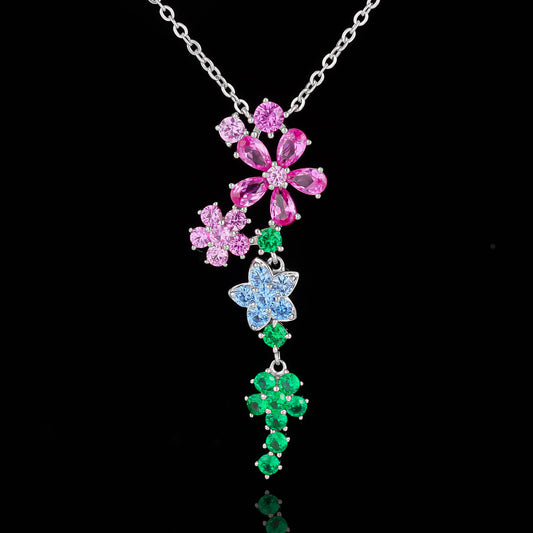 925 sterling silver colored gemstone flower necklace, niche design, high-end fashion versatile necklace