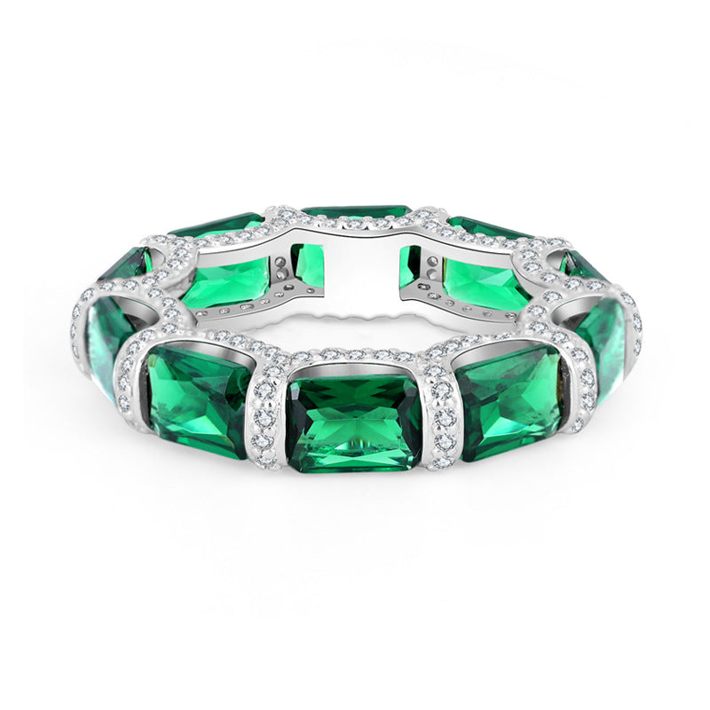 S925 full-body silver ring simulation emerald women's high-grade texture 5*7 diamond ring women