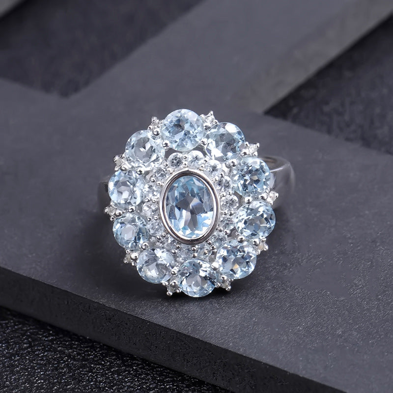 Natural topaz ring design sense of flowers s925 silver inlaid sky sapphire ring