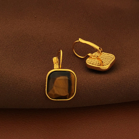 [DF]Copper plated real gold vintage Hong Kong style simple geometric square tiger's eye earrings, high-end sense of niche design earrings