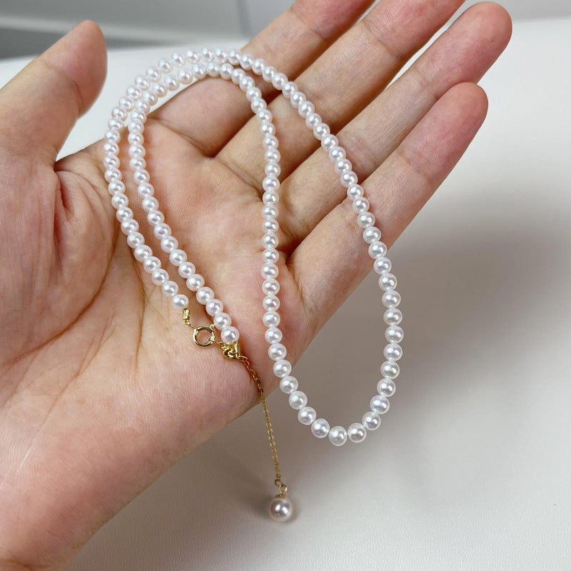 [DF]Elegant Luminescence: Round Freshwater Akoya Pearl Necklace - 18k Collarbone Sweater Chain