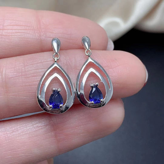 [DF]Boucles d'oreilles pendantes en saphir bleu naturel - Monture en argent S925