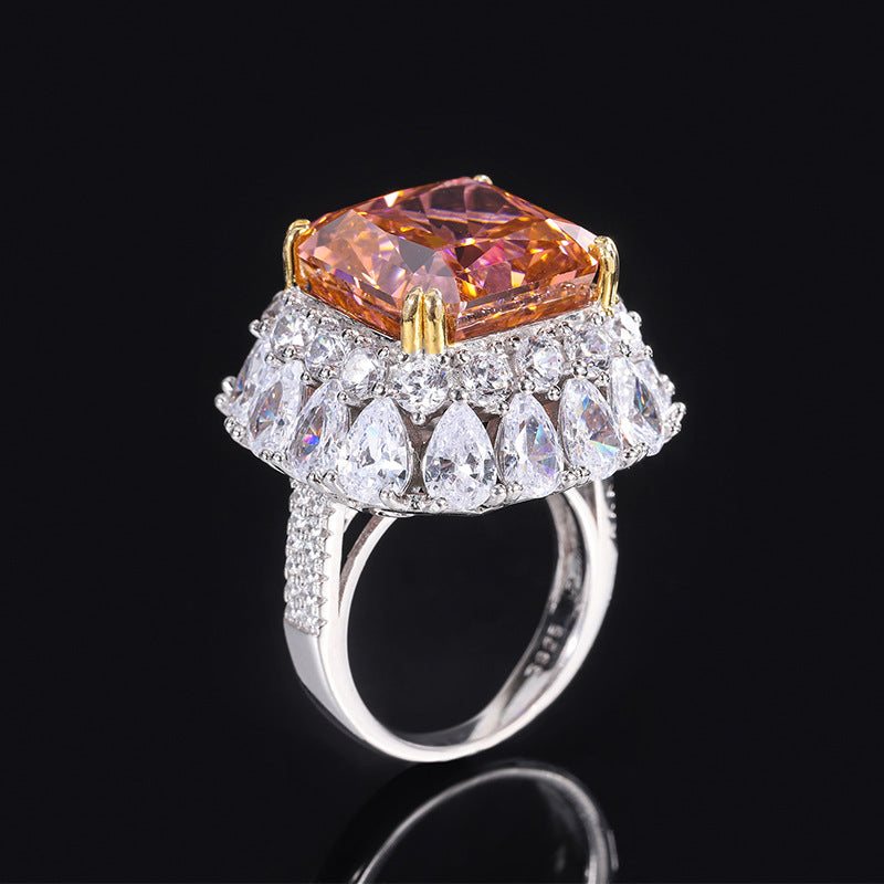 S925 Silver Imitation Colored Gemstone High Carbon Diamond Padparadscha Square Set 14*14