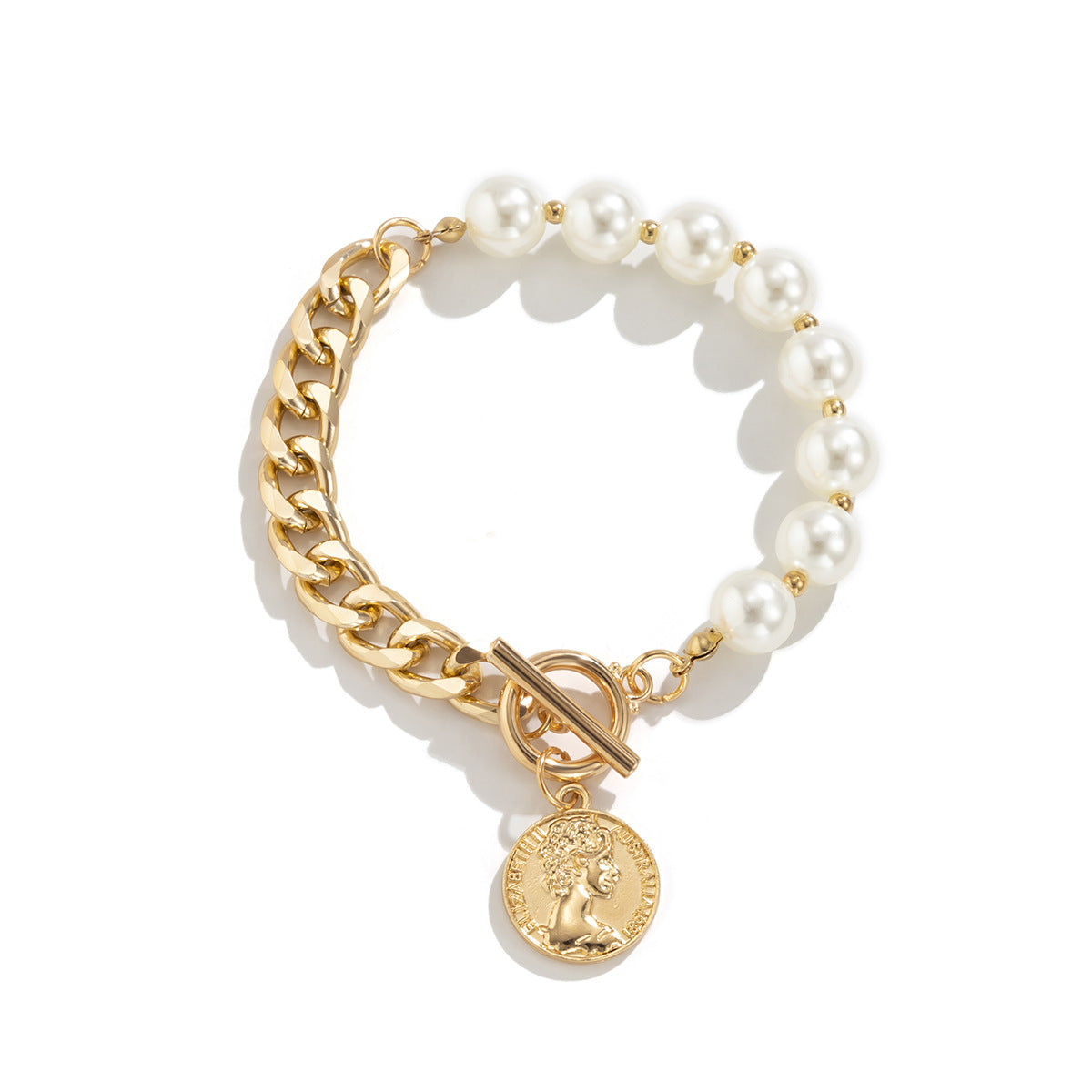 [DF] perle rétro, coeur de pêche, bracelet de lune, bracelet pendentif tête de reine en métal simple pour femmes