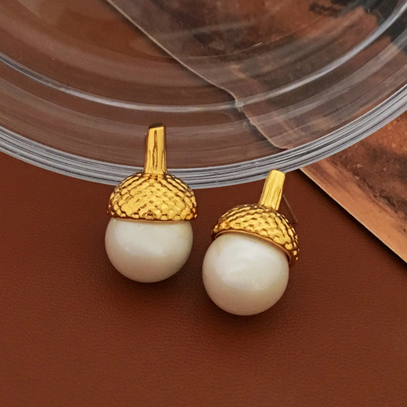 [DF]Pendientes de perlas de cono de pino personalizados de Corea del Sur con aguja de plata S925 bañados en cobre, accesorios de moda retro para las orejas