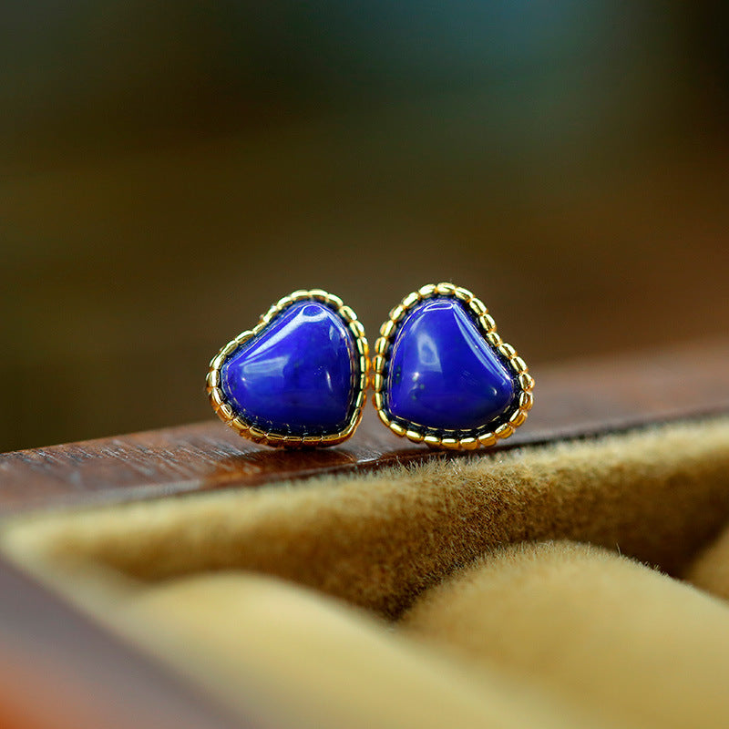 Boucles d'oreilles lapis-lazuli incrustées d'argent S925 avec boucles d'oreilles d'amour