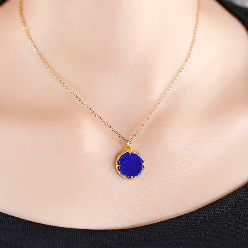 S925 Silver Plated Gold Inlaid Lapis Stone Round Plaque Perfection Necklace