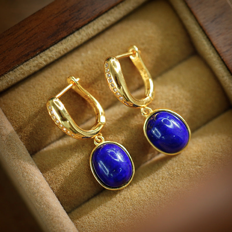 S925 silver plated gold inlaid lapis lazuli egg faced earrings