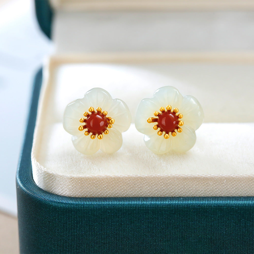 S925 silver inlaid Hetian jade plum blossom with southern red agate beads temperament elegant studs