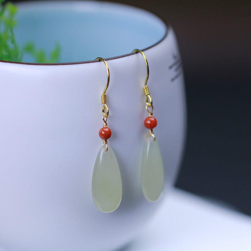 Natural Hetian jade water drop ear hook with southern red bead earrings