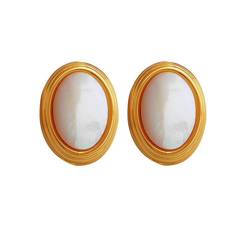 [DF] Pendientes de botón ovalados simples vintage con aguja de plata S925 de oro real bañados en cobre, pendientes de concha de nicho de moda con temperamento para mujer