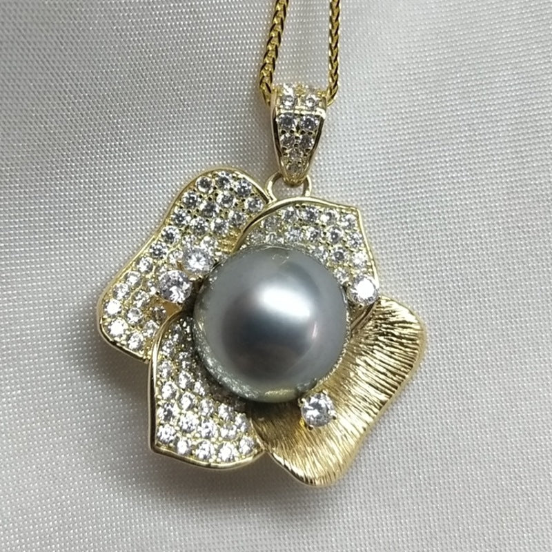 Gray sea Pearl 12-13mm round pearl pendant 925 silver gold thick bracket