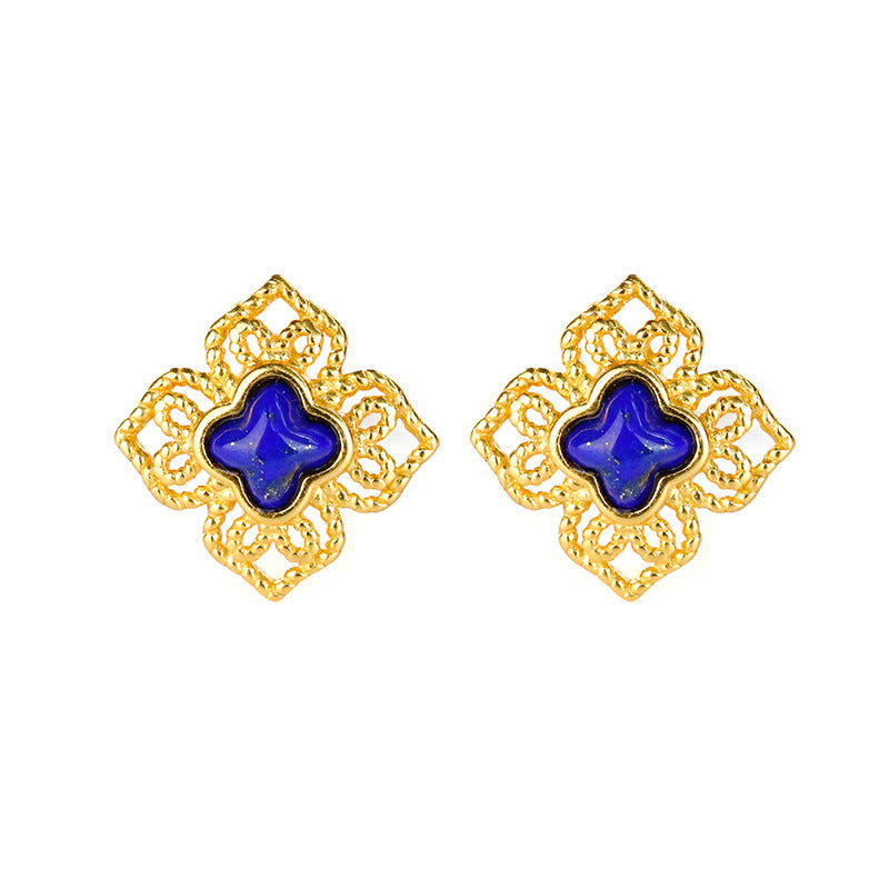 S925 silver plated gold inlaid lapis lazuli hollowed out four leaf clover small earrings