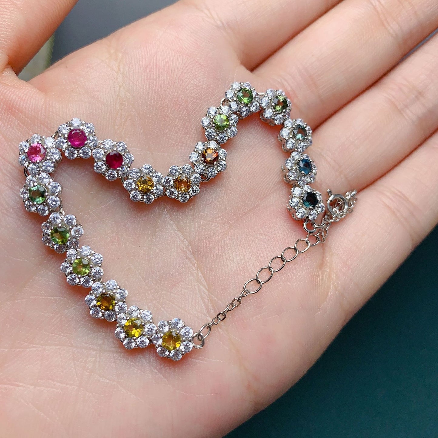 Natural candy Color Tourmaline Flower Shape Bracelet 925 silver inlay