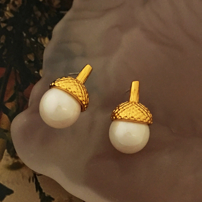 [DF]Pendientes de perlas de cono de pino personalizados de Corea del Sur con aguja de plata S925 bañados en cobre, accesorios de moda retro para las orejas