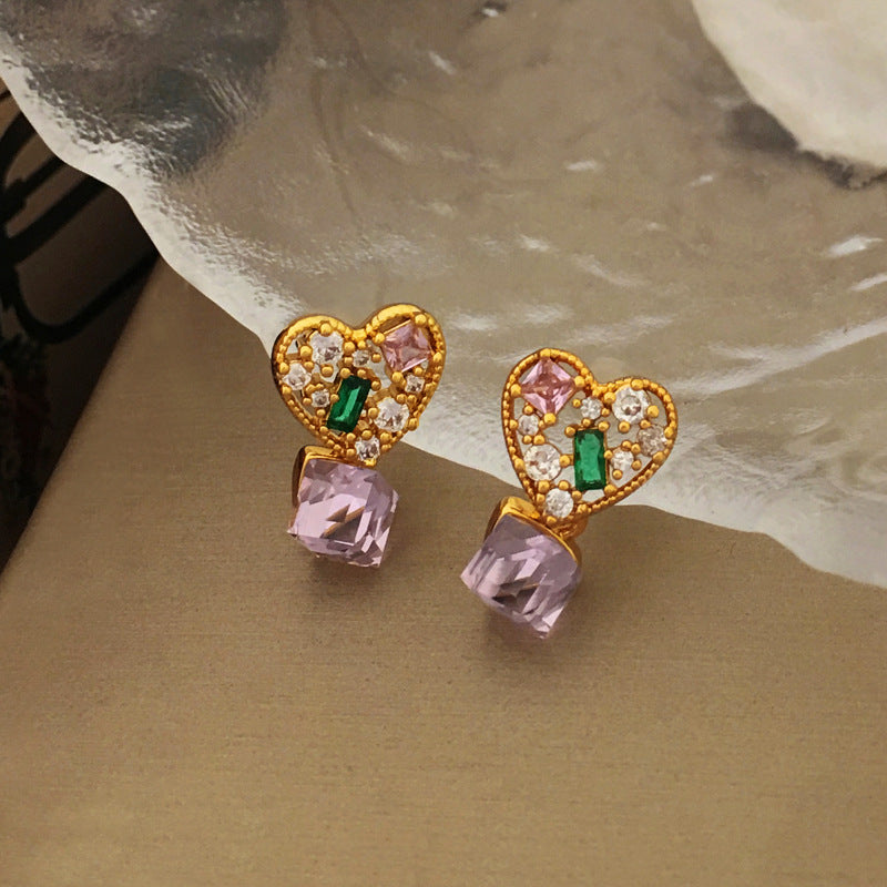 [DF]Copper plated genuine gold S925 silver needle, Korean temperament, sweet zircon heart earrings, inset style hollowed out earrings, female