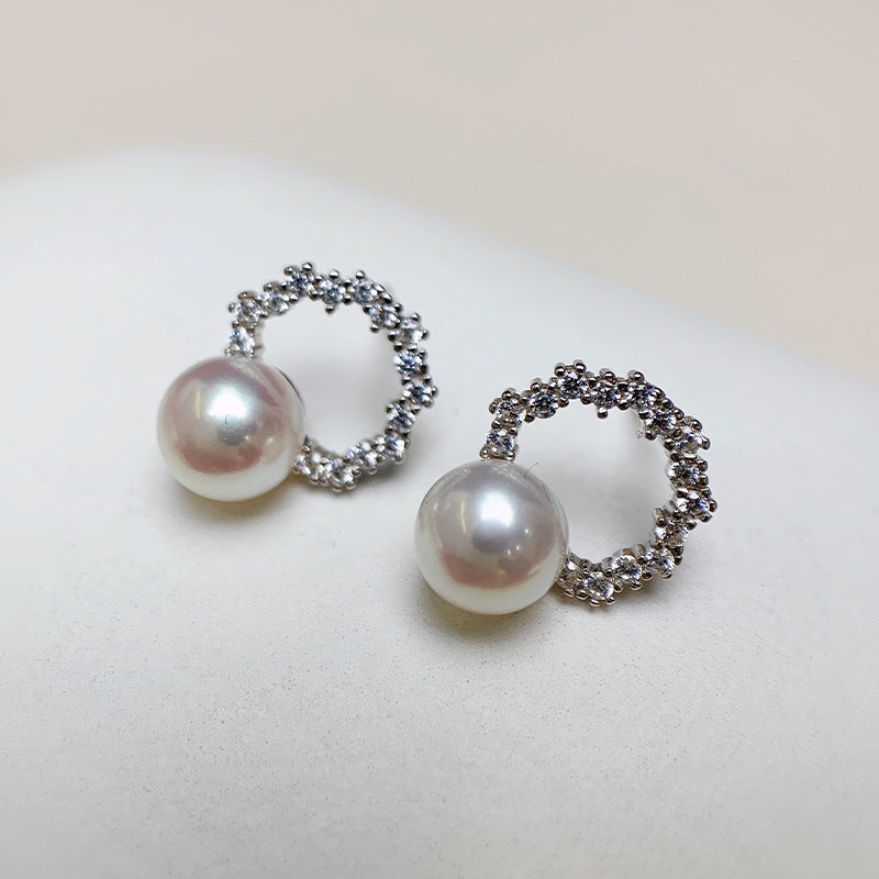 6-7MM seawater pearl round bright pure silver earrings and earrings, small and exquisite, cool and cool style earrings