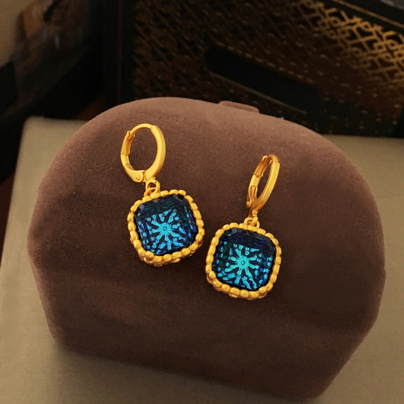 [DF]Copper plated genuine gold, exaggerated irregular patterns in Europe and America, blue earrings, personalized antique style, geometric square earrings