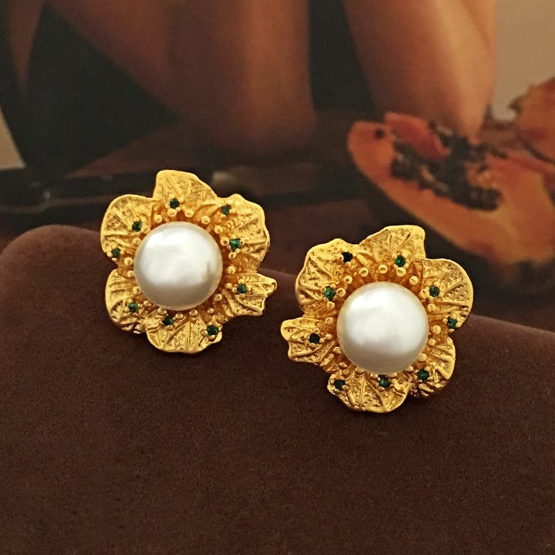 [DF]Copper Plated True Gold S925 Silver Needle Korean Vintage Flower Earrings Light Luxury Pearl Earrings Ins Wind Earrings Female