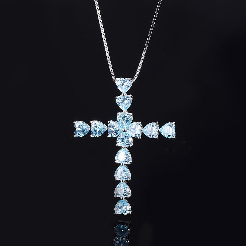 S925 Full body Silver Ocean Blue Treasure Seiko Full Diamond Heart shaped Cross Necklace Pendant