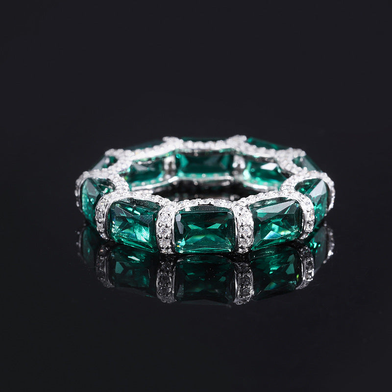 S925 full-body silver ring simulation emerald women's high-grade texture 5*7 diamond ring women