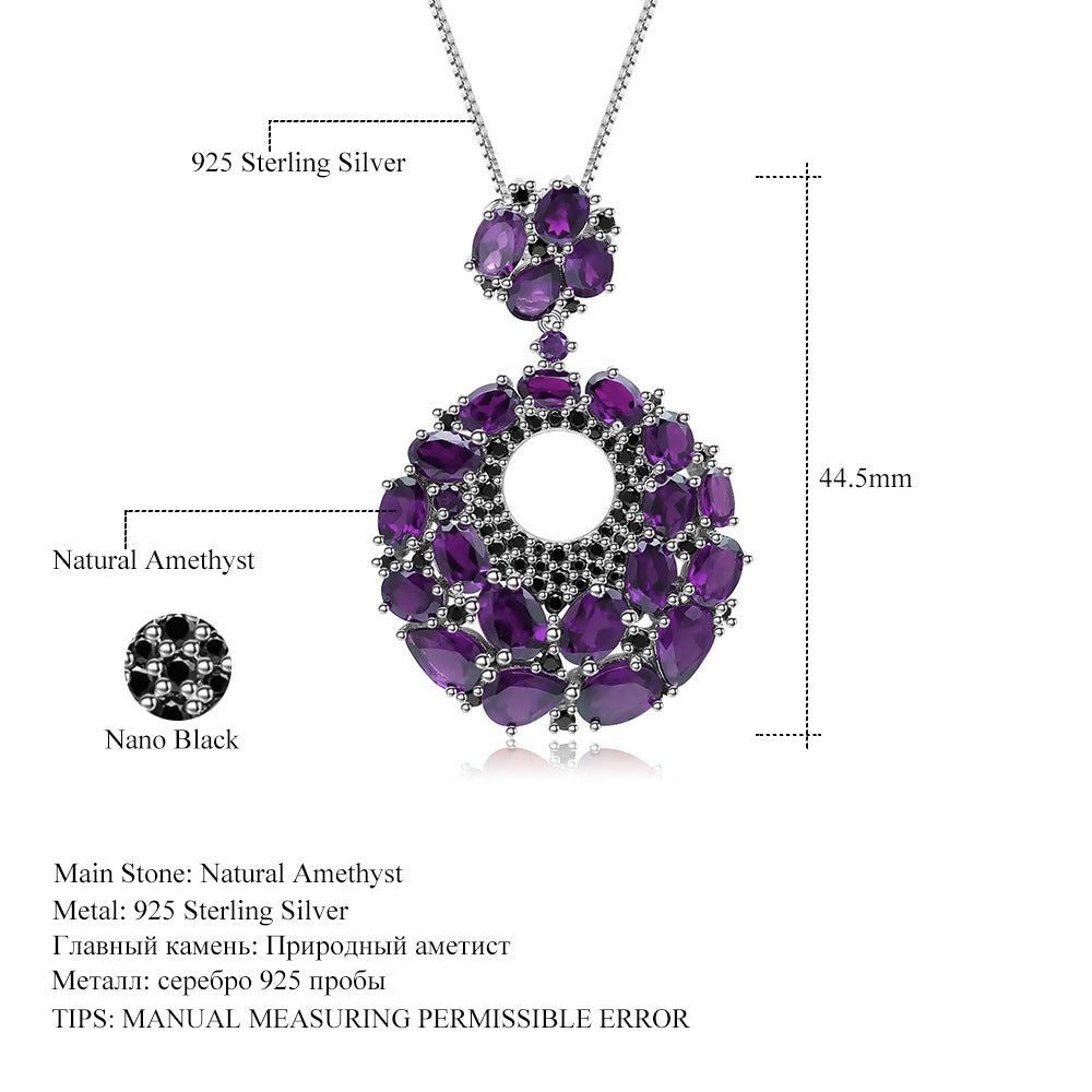 Designer's elegant and luxurious 925 silver inlaid natural color treasure amethyst necklace pendant