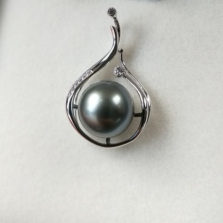 18K gold and white gold pendant Tahiti Sea water black Pearl pendant pendant 9-10mm round flawless pearl