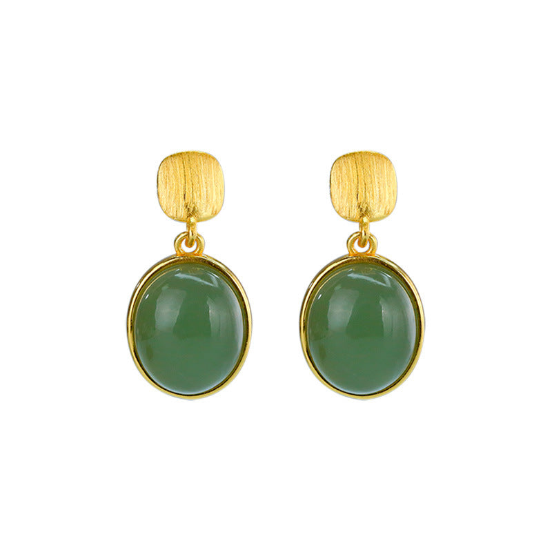 Pendientes con forma de huevo de jade azul con incrustaciones de oro y baño de plata S925, exquisitos y sencillos