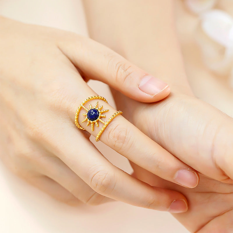 S925 silver inlaid lapis lazuli ring with hollowed out opening