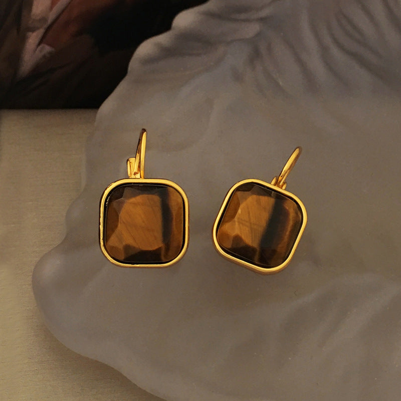 [DF]Copper plated real gold vintage Hong Kong style simple geometric square tiger's eye earrings, high-end sense of niche design earrings