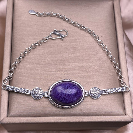 Pulsera de amatista de dragón morado con incrustaciones de plata s925, ambiente retro de borde simple, joyería para mujer