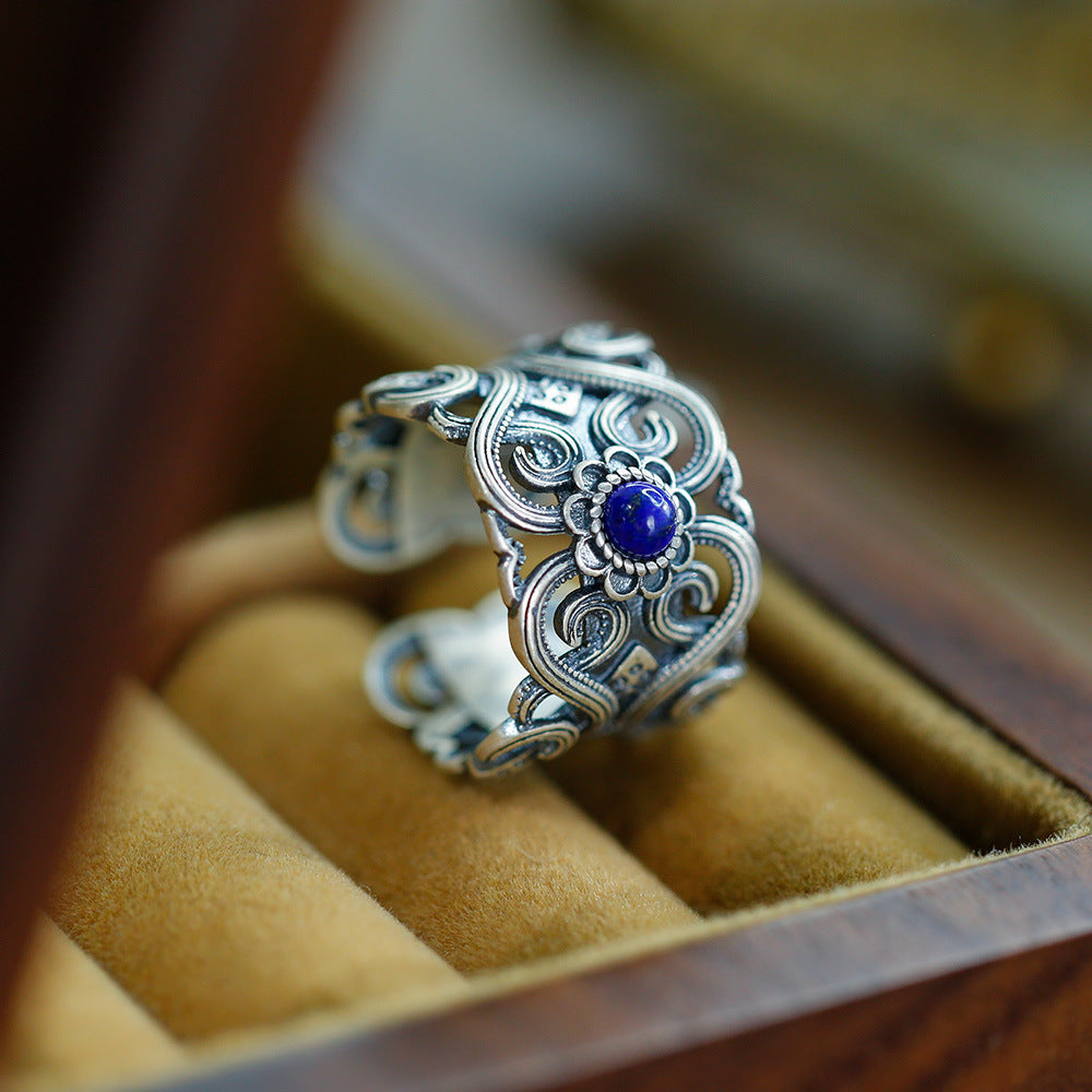 Bague lapis-lazuli en argent S925, style rétro et Vintage