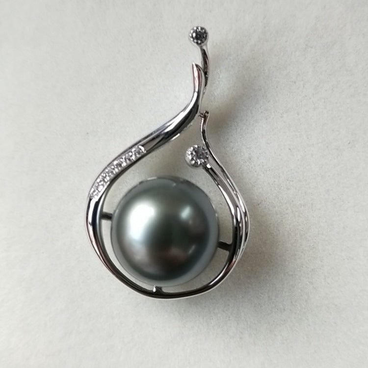 18K gold and white gold pendant Tahiti Sea water black Pearl pendant pendant 9-10mm round flawless pearl