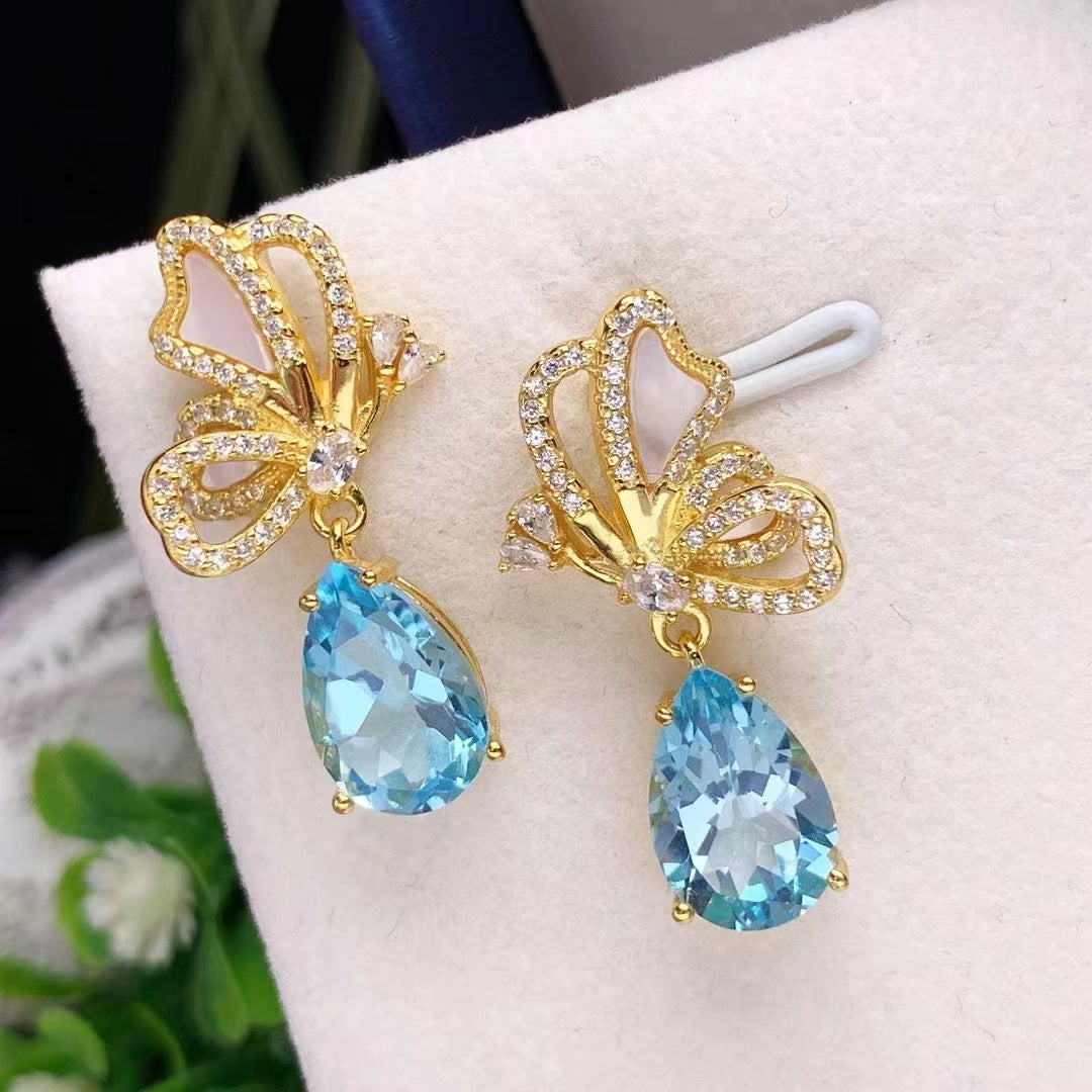 Topaz Water Drop Earrings S925 Silver Inlaid Topaz Butterfly Water Drop Fashion Earrings