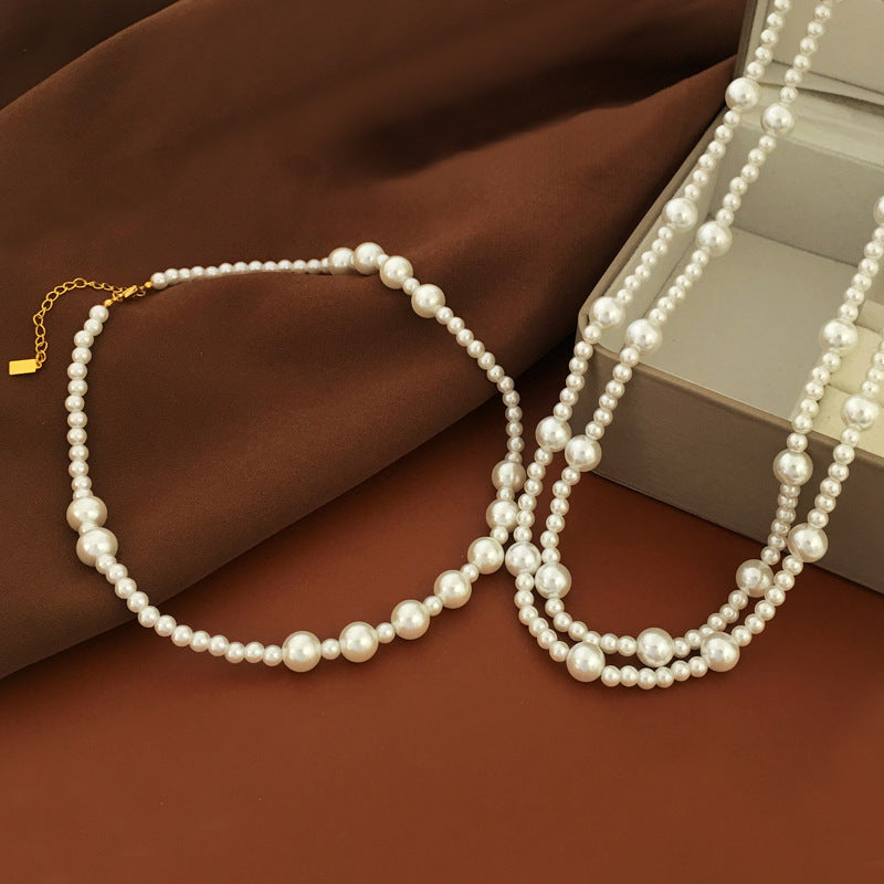 [DF]Vintage high-end sense imitation Shijia high-gloss round pearl necklace stacked necklace, light luxury small fragrant style collarbone chain