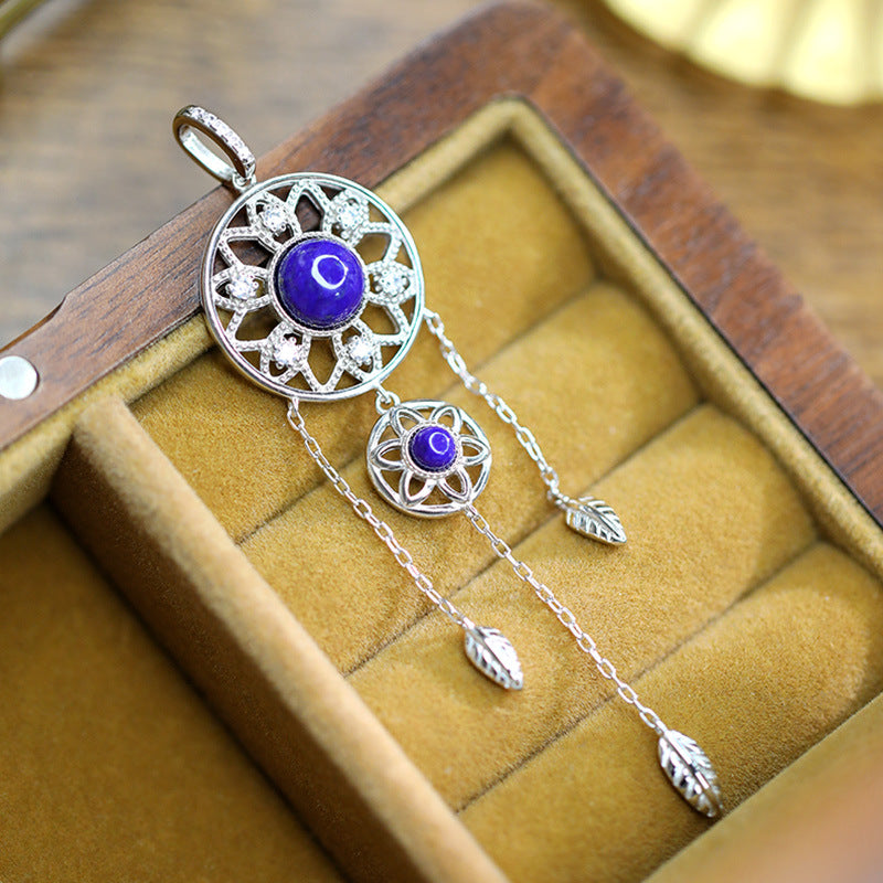 Ensemble en argent sterling S925, pendentif lapis-lazuli, pompon