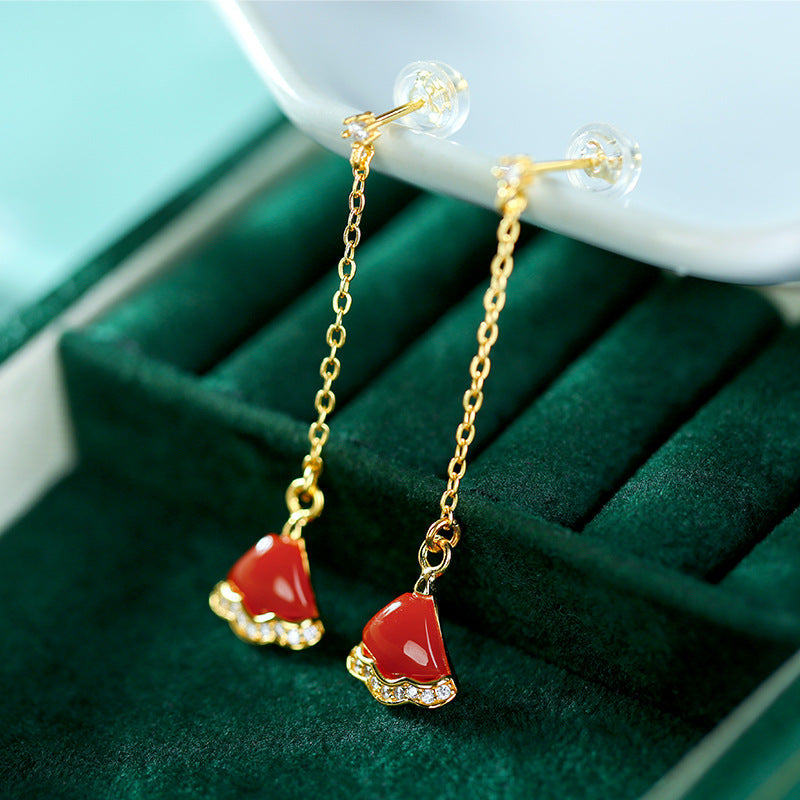 S925 silver gilt inlaid South Red Agate Hotan Jade fan shaped earrings with zircon embellishment