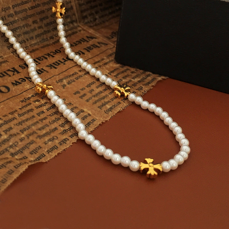 [DF]Copper plated genuine gold, Japanese and Korean, sweet and elegant pearl necklace, inset style cross shaped neck chain, mesh red sweater chain