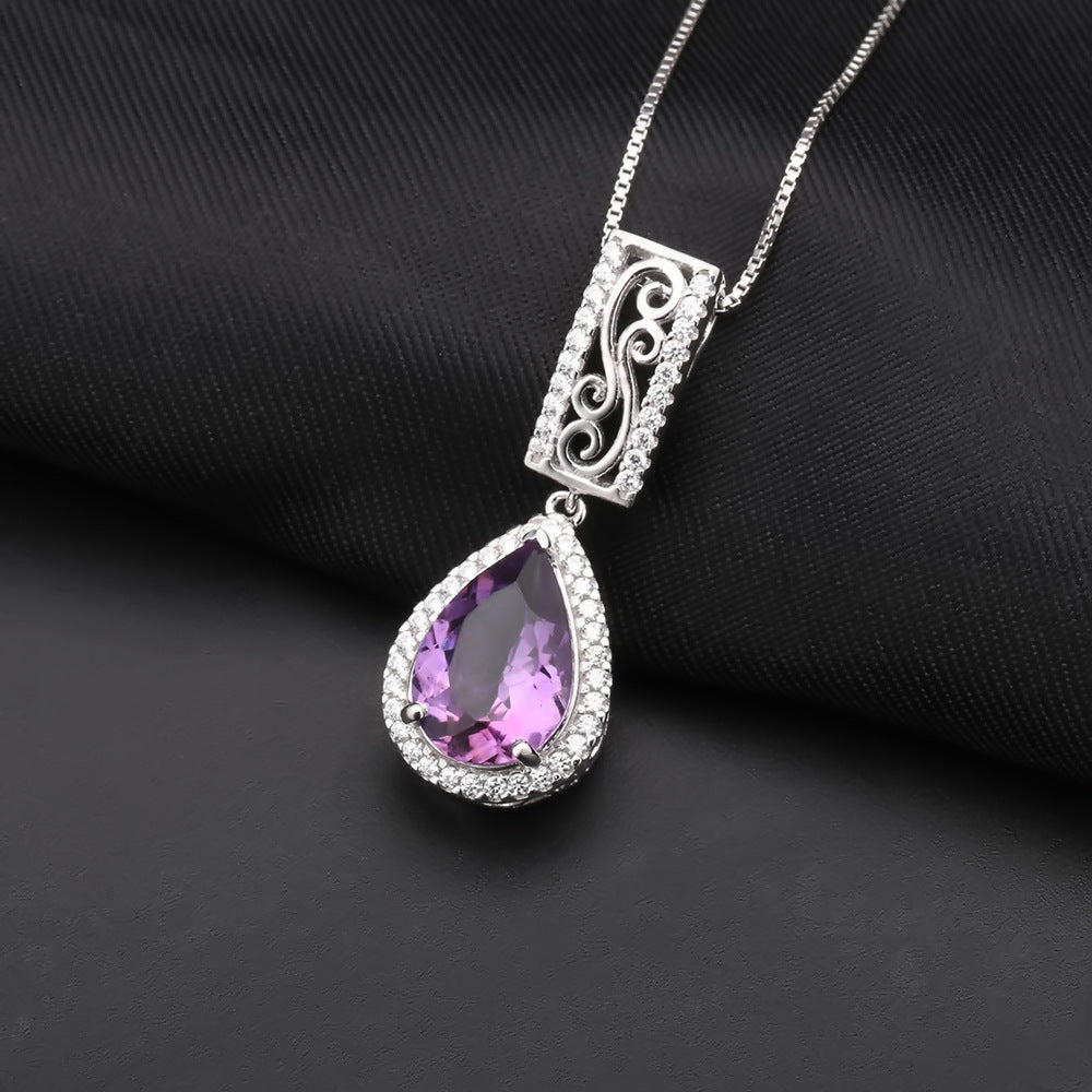 Natural Amethyst S925 Silver Necklace Pendant Luxuriously Inlaid with Natural Colorful Treasure Pendant